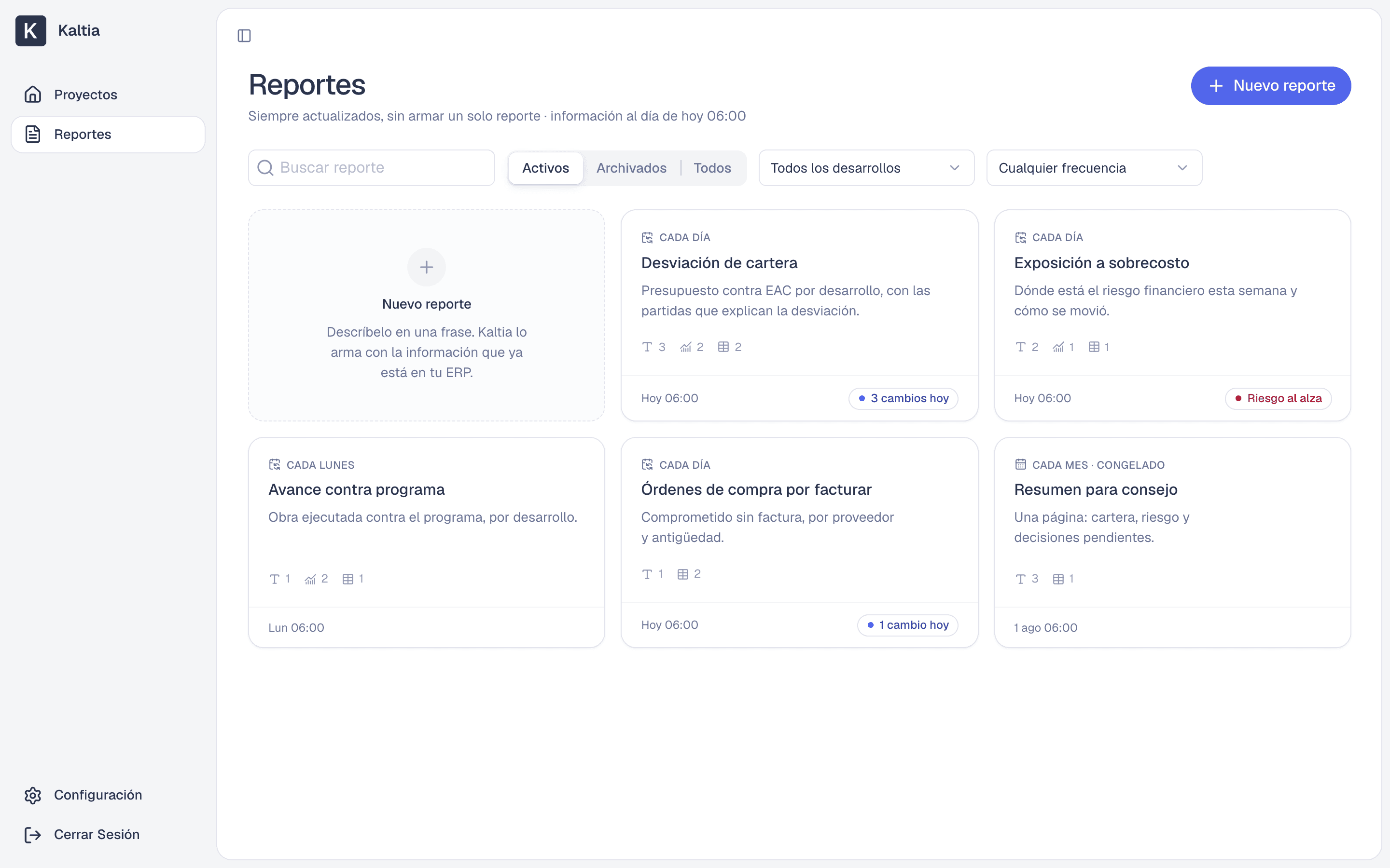 Listado de reportes con su frecuencia y sus bloques