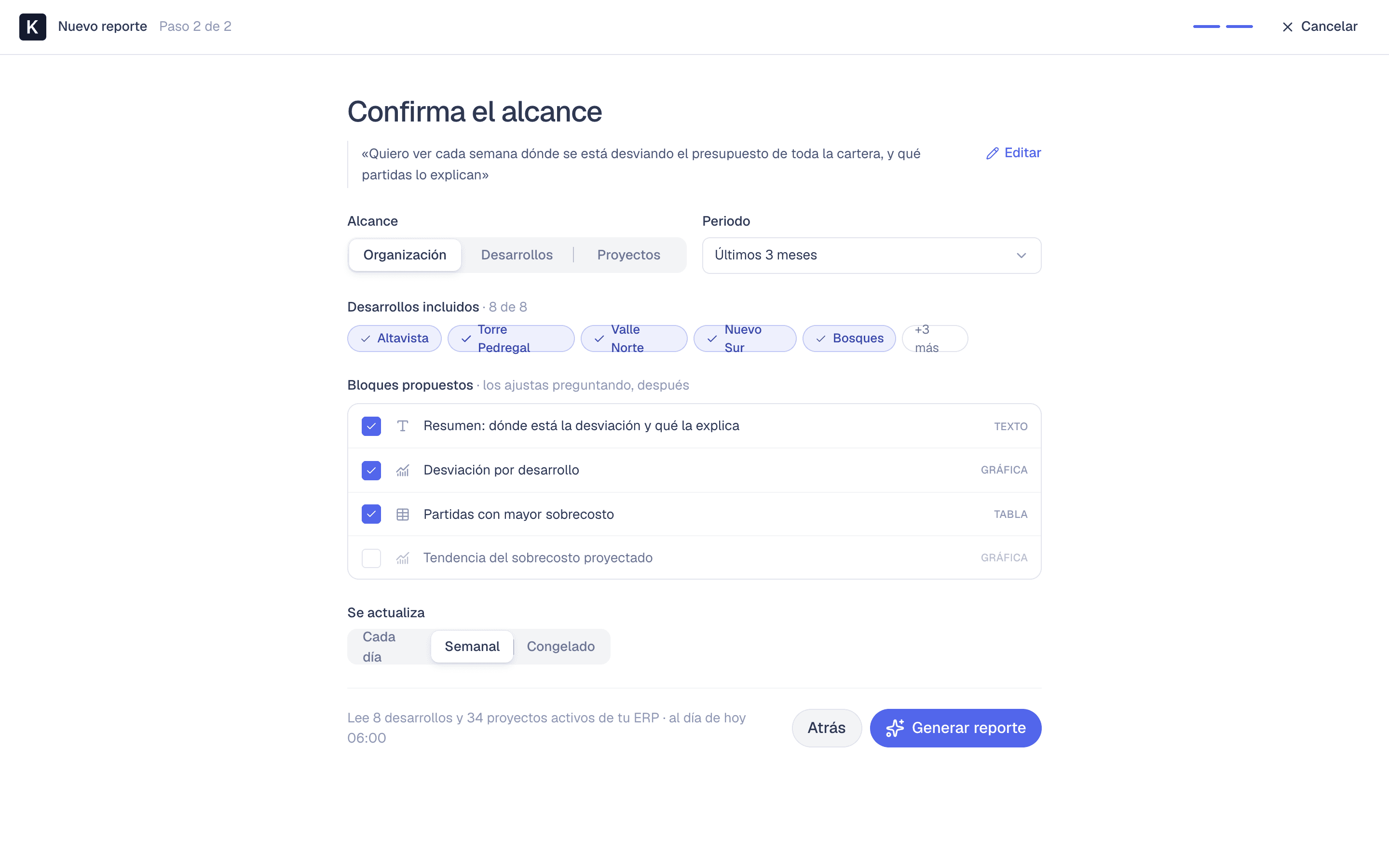 Confirmación del alcance, periodo y bloques del reporte